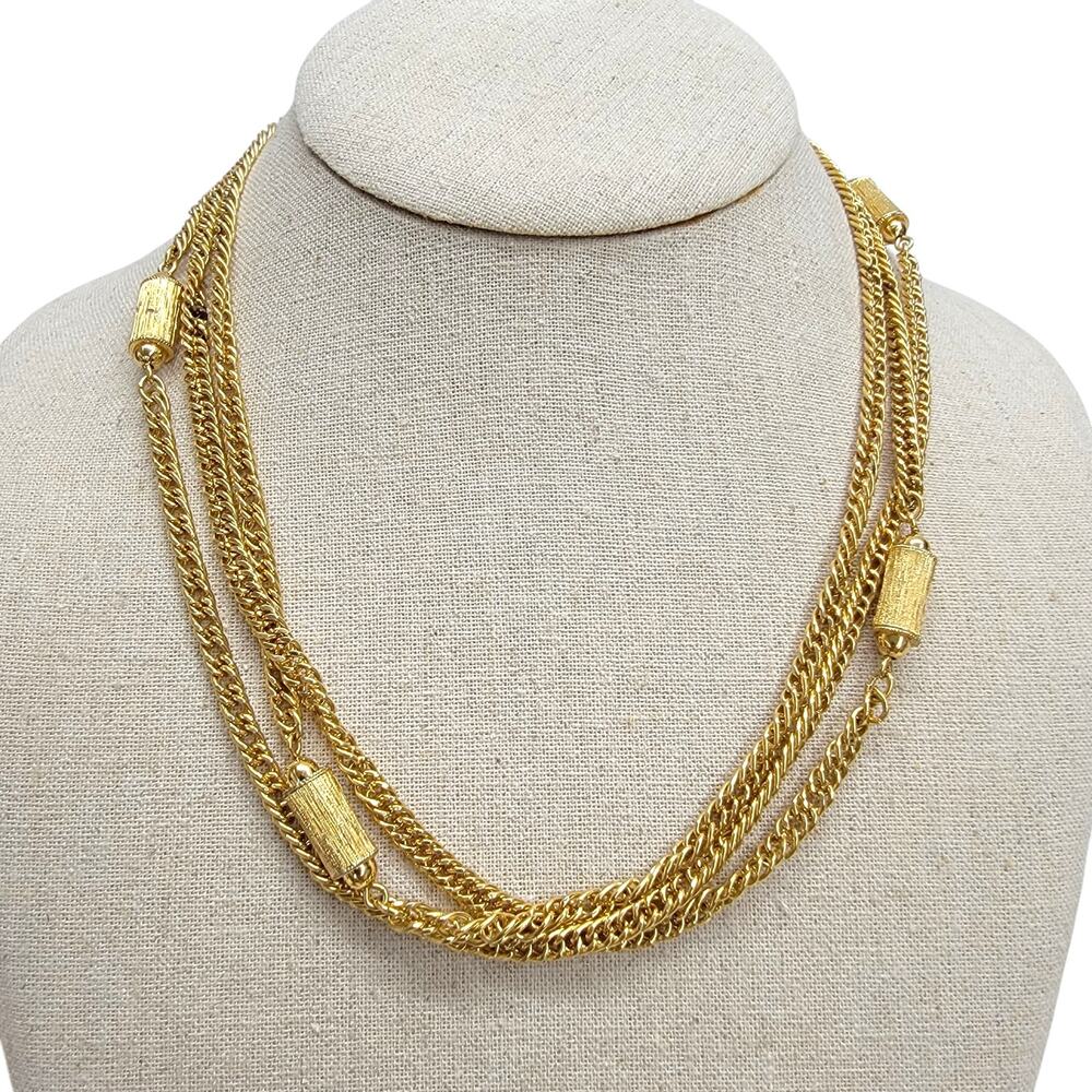 Vintage Monet Gold Tone Textured Barrel Station Chain Necklace Long Rope 54"